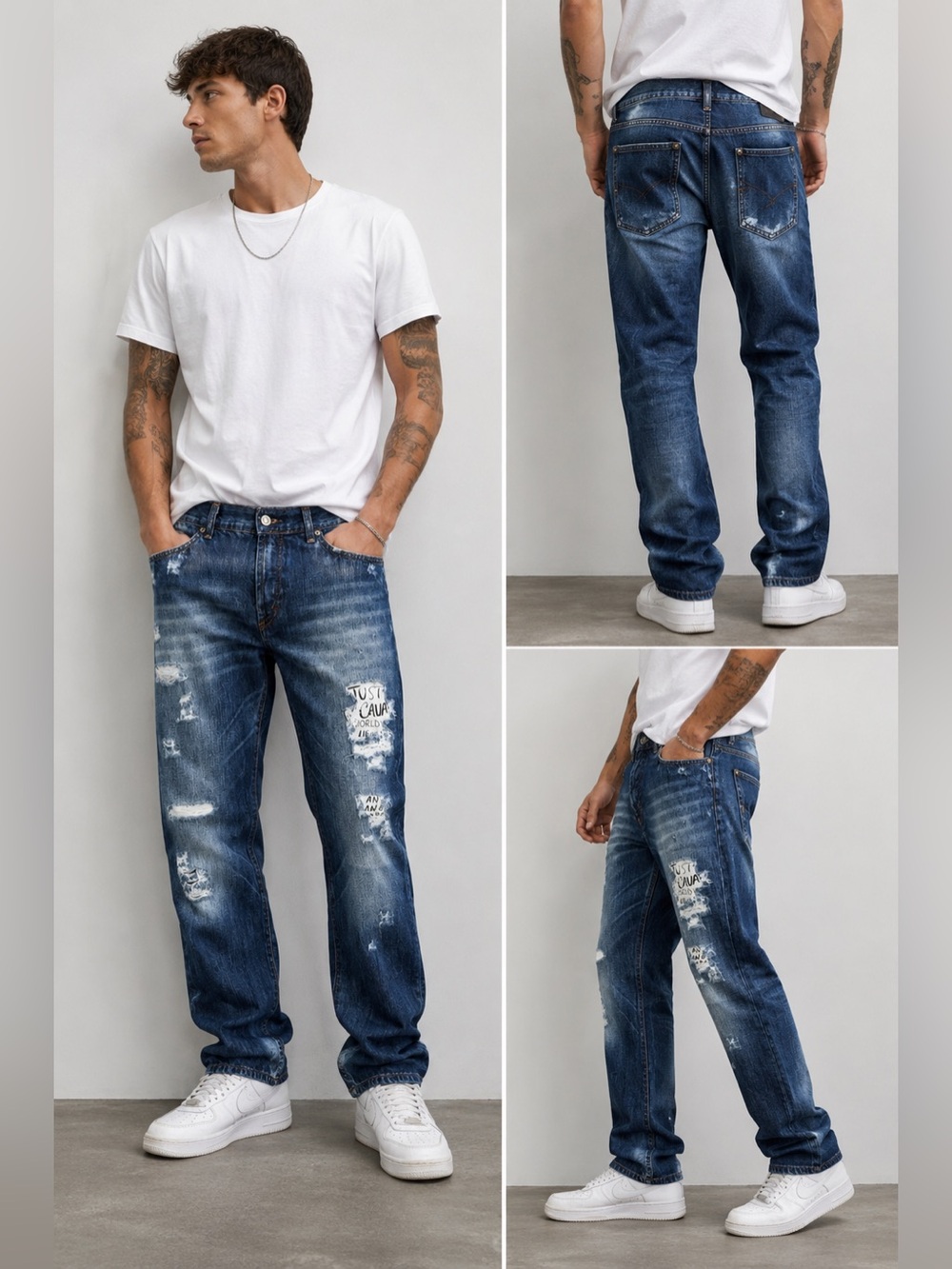 Just Cavalli Distressed Graphic Jeans Men’s 40 IT / 54 EU Low Rise Straight Leg